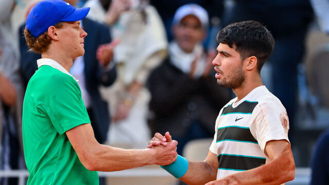 PARIS, FRANCE - JUNE 08: Carlos Alcaraz of Spain shakes hands with Jannik Sinner of Italy following the Men’s Singles Final match on Day Fifteen of the 2025 French Open at Roland Garros on June 08, 2025 in Paris, France.