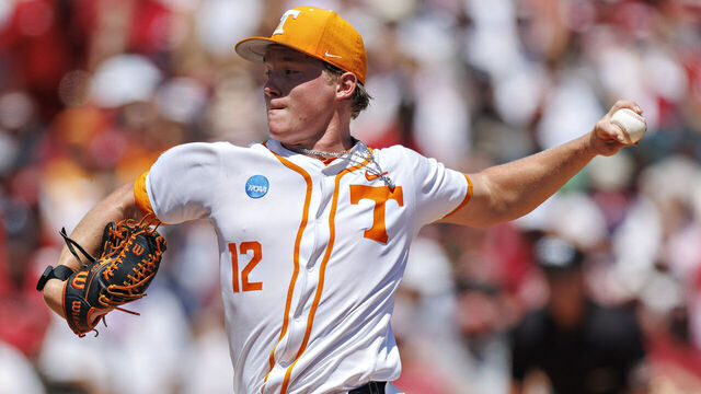 FAYETTEVILLE, ARKANSAS - JUNE 08: Liam Doyle #12 of the Tennessee Volunteers pitches during a game against the Arkansas Razorbacks at Baum-Walker Stadium at George Cole Field during the NCAA Baseball Super Regional - Fayetteville on June 08, 2025 in Fayetteville, Arkansas. The Razorbacks defeated the Volunteers 11-4.