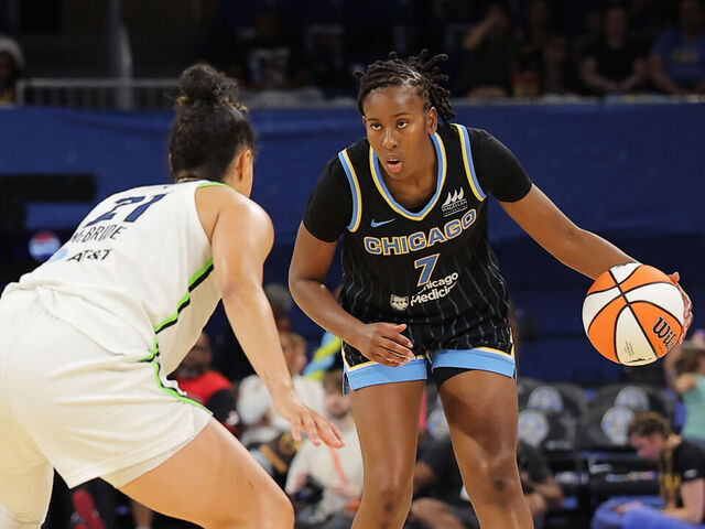 CHICAGO, IL - JULY 12: Ariel Atkins #7 of the Chicago Sky handles the ball during the game against the Minnesota Lynx during a WNBA game on July 12, 2025 at the Wintrust Arena in Chicago, IL. Mandatory Copyright Notice: Copyright 2025 NBAE