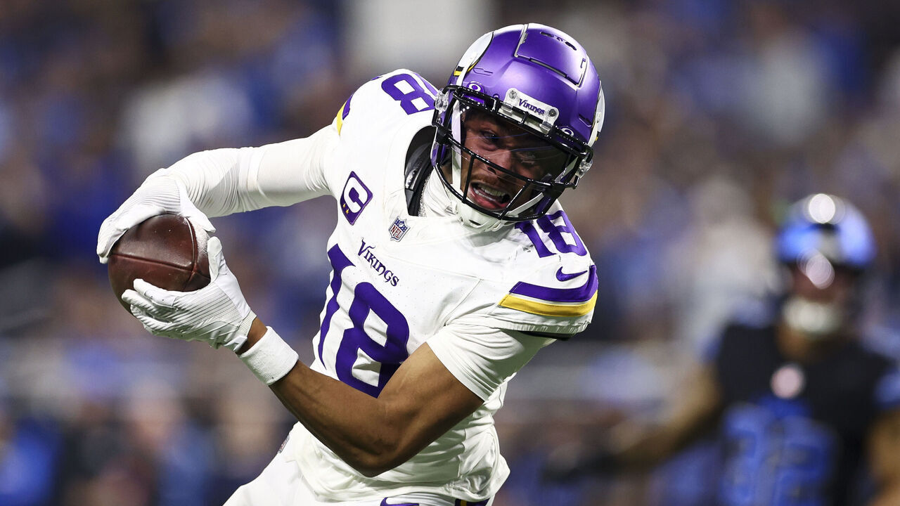 DETROIT, MICHIGAN - JANUARY 5: Justin Jefferson #18 of the Minnesota Vikings catches a pass during the first half of an NFL football game against the Detroit Lions at Ford Field on January 5, 2025 in Detroit, Michigan.