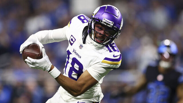 DETROIT, MICHIGAN - JANUARY 5: Justin Jefferson #18 of the Minnesota Vikings catches a pass during the first half of an NFL football game against the Detroit Lions at Ford Field on January 5, 2025 in Detroit, Michigan.