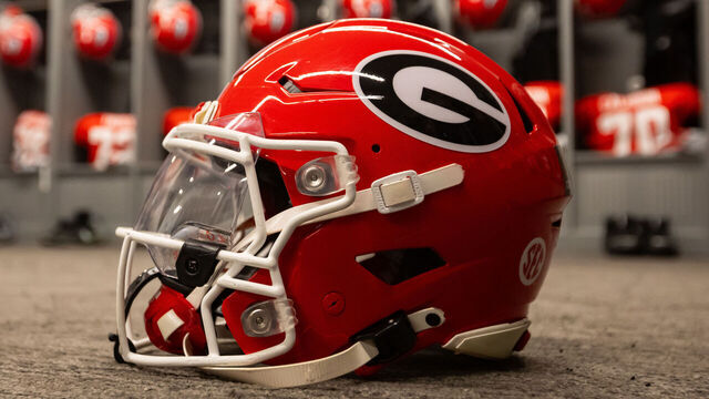 NEW ORLEANS, LOUISIANA - JANUARY 2: A Georgia Bulldogs helmet is shown in the locker room before the College Football Playoff Quarterfinal Allstate Sugar Bowl between the Georgia Bulldogs and the Notre Dame Fighting Irish at Caesars Superdome on January 2, 2025 in New Orleans, Louisiana.