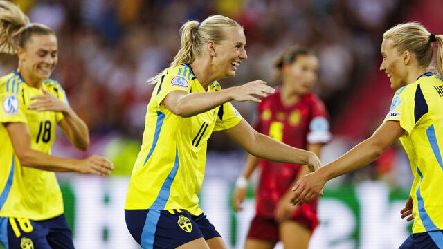 ZURICH, SWITZERLAND - JULY 12: Stina Blackstenius of Sweden celebrates her teammate Smilla Holmberg's goal during the UEFA Womens EURO 2025 Group C match between Sweden and Germany at Stadion Letzigrund on July 12, 2025 in Zurich, Switzerland.