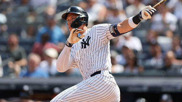 BRONX, NY - JULY 12: New York Yankees outfielder Aaron Judge (99) at hits a double during a game between the Chicago Cubs and the New York Yankees on July 12, 2025 at Yankee Stadium in the Bronx, New York.