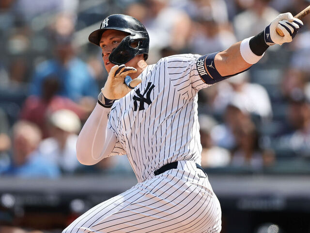 BRONX, NY - JULY 12: New York Yankees outfielder Aaron Judge (99) at hits a double during a game between the Chicago Cubs and the New York Yankees on July 12, 2025 at Yankee Stadium in the Bronx, New York.