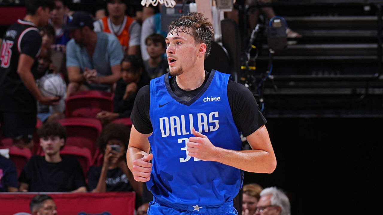 LAS VEGAS, NV - JULY 12: Cooper Flagg #32 of the Dallas Mavericks looks on during the game against the San Antonio Spurs during the 2025 NBA Summer League game on July 12, 2025 at the Thomas & Mack Center in Las Vegas, Nevada. Mandatory Copyright Notice: Copyright 2025 NBAE
