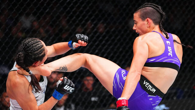 NASHVILLE, TENNESSEE - JULY 12: (R-L) Fatima Kline kicks Melissa Martinez of Mexico in a strawweight fight during the UFC Fight Night event at Bridgestone Arena on July 12, 2025 in Nashville, Tennessee.