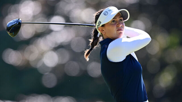 EVIAN-LES-BAINS, FRANCE - JULY 12: Cara Gainer of England tees off on the fourth hole during Round Three of The Amundi Evian Championship 2025 at Evian Resort Golf Club on July 12, 2025 in Evian-les-Bains, France.
