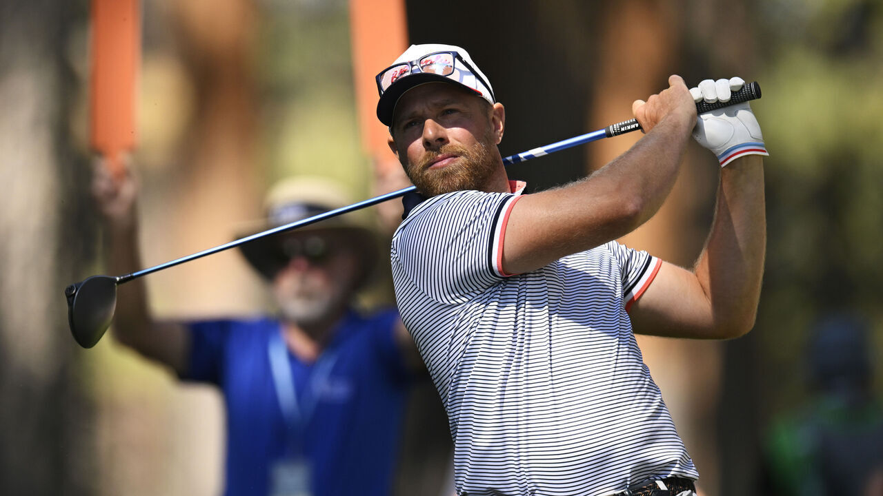 STATELINE, NEVADA - JULY 12: Joe Pavelski plays his shot from the second tee box during the second round of the American Century Championship at Edgewood Tahoe Golf Course on July 12, 2025 in Stateline, Nevada.