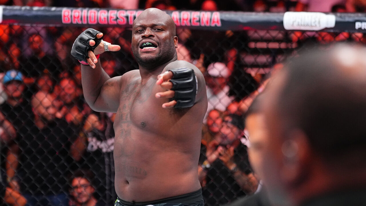 NASHVILLE, TENNESSEE - JULY 12: Derrick Lewis reacts after a knockout victory against Tallison Teixeira of Brazil in a heavyweight fight during the UFC Fight Night event at Bridgestone Arena on July 12, 2025 in Nashville, Tennessee.