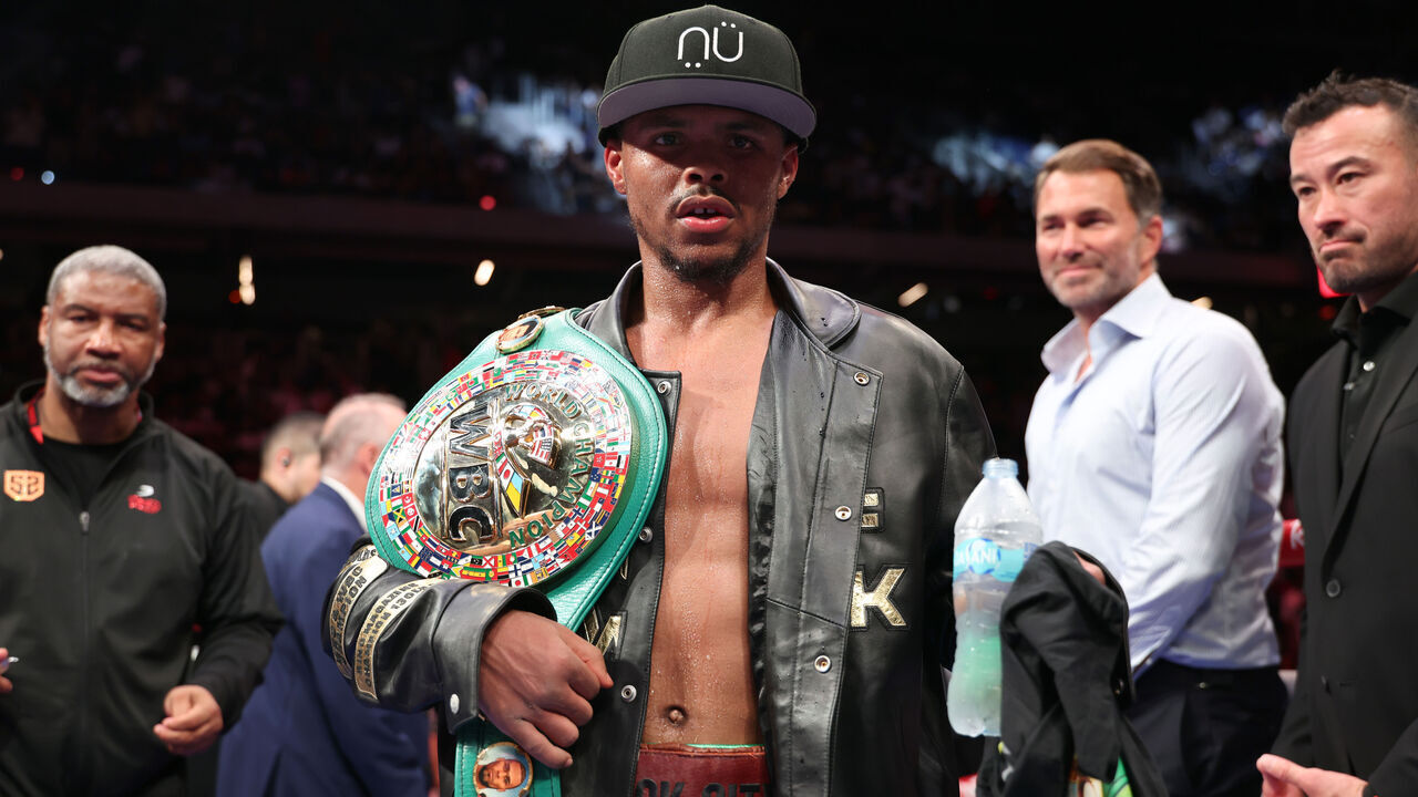NEW YORK, NEW YORK - JULY 12: Shakur Stevenson reacts after defeating William Zepeda during their lightweight title fight at Louis Armstrong Stadium on July 12, 2025 in New York City.