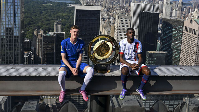 NEW YORK, NEW YORK - JULY 12: Cole Palmer of Chelsea with Ousmane Dembele of PSG during a visit to the Top of the Rock at Rockefeller Center on July 12, 2025 in New York City.