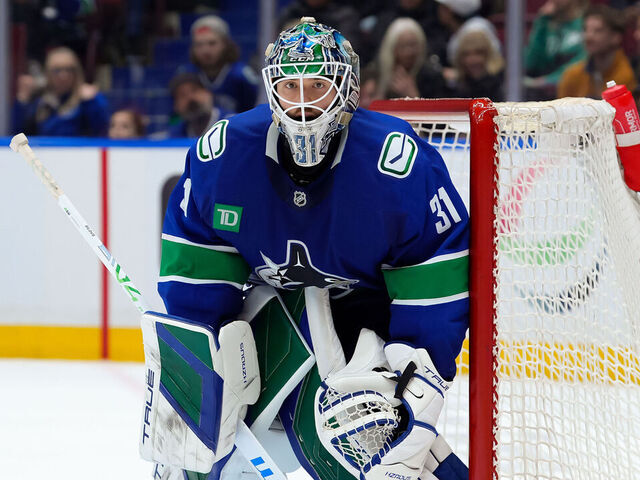 VANCOUVER, CANADA - MARCH 15: Arturs Silovs #31 of the Vancouver Canucks in net during the third period of their NHL game against the Chicago Blackhawks at Rogers Arena on March 15, 2025 in Vancouver, British Columbia, Canada.