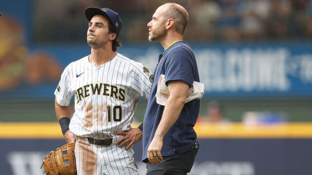 MILWAUKEE, WISCONSIN - JULY 13: Sal Frelick #10 of the Milwaukee Brewers leaves the game with an injury in the second inning against the Washington Nationals at American Family Field on July 13, 2025 in Milwaukee, Wisconsin.