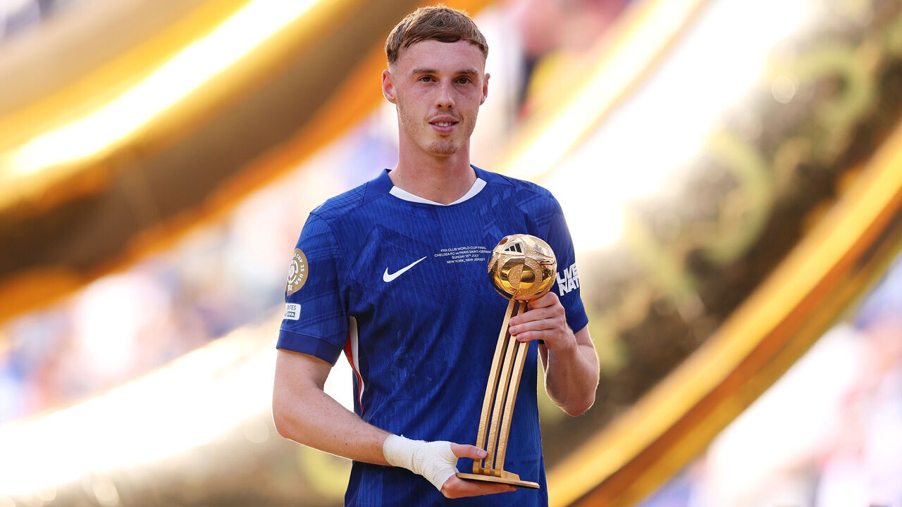 EAST RUTHERFORD, NEW JERSEY - JULY 13: Cole Palmer #10 of Chelsea FC poses for a photo with his Best Player of the Tournament award following the FIFA Club World Cup 2025 Final match between Chelsea FC and Paris Saint-Germain at MetLife Stadium on July 13, 2025 in East Rutherford, New Jersey.
