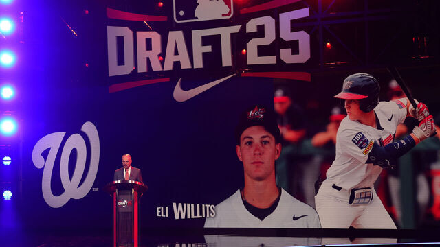 ATLANTA, GEORGIA - JULY 13: Major League Baseball commissioner Robert D. Manfred Jr. announces Eli Willits as the first overall pick in the first round of the 2025 MLB Draft, selected by the Washington Nationals, at Coca-Cola Roxy on July 13, 2025 in Atlanta, Georgia.