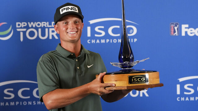 LOUISVILLE, KENTUCKY - JULY 13: William Mouw poses with the trophy after winning the ISCO Championship 2025 at Hurstbourne Country Club on July 13, 2025 in Louisville, Kentucky.