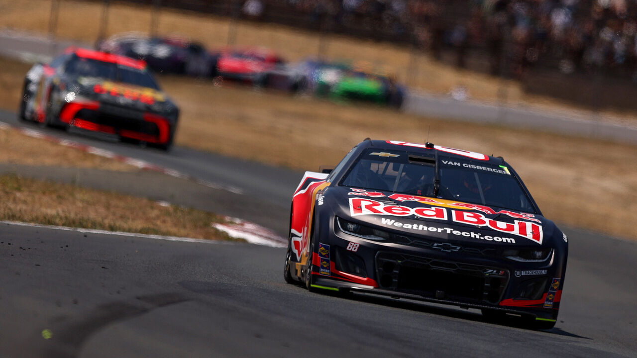 SONOMA, CALIFORNIA - JULY 13: Shane Van Gisbergen, driver of the #88 Red Bull Chevrolet, leads the field during the NASCAR Cup Series Toyota/Save Mart 350 at Sonoma Raceway on July 13, 2025 in Sonoma, California.