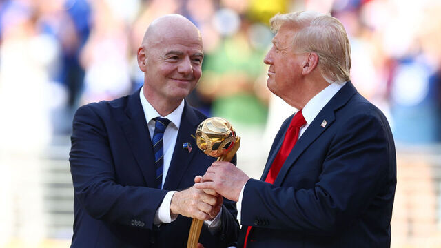 EAST RUTHERFORD, NEW JERSEY - JULY 13: U.S. President Donald Trump looks on with President of FIFA Gianni Infantino at the end of the FIFA Club World Cup 2025 final match between Chelsea FC and Paris Saint-Germain at MetLife Stadium on July 13, 2025 in East Rutherford, United States.
