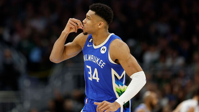MILWAUKEE, WISCONSIN - MARCH 01: Giannis Antetokounmpo #34 of the Milwaukee Bucks reacts toward the crowd after hitting a three point shot during the second half of the game against the Orlando Magic at Fiserv Forum on March 01, 2023 in Milwaukee, Wisconsin.