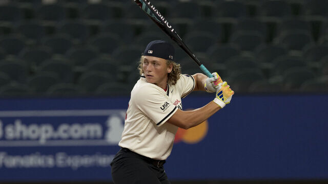 ARLINGTON, TX - JULY 13: Ethan Holliday participates in the High School Home Run Derby during the 2024 All-Star Futures Day at Globe Life Field on Saturday, July 13, 2024 in Arlington, Texas.