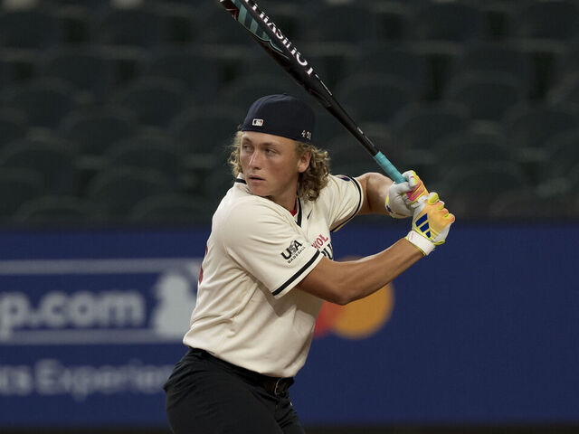 ARLINGTON, TX - JULY 13: Ethan Holliday participates in the High School Home Run Derby during the 2024 All-Star Futures Day at Globe Life Field on Saturday, July 13, 2024 in Arlington, Texas.