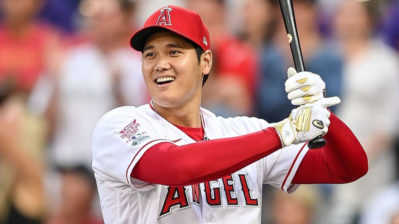 DENVER, CO - JULY 12: Shohei Ohtani of the Los Angeles Angels participates in a first round matchup during the 2021 T-Mobile Home Run Derby at Coors Field on July 12, 2021 in Denver, Colorado.