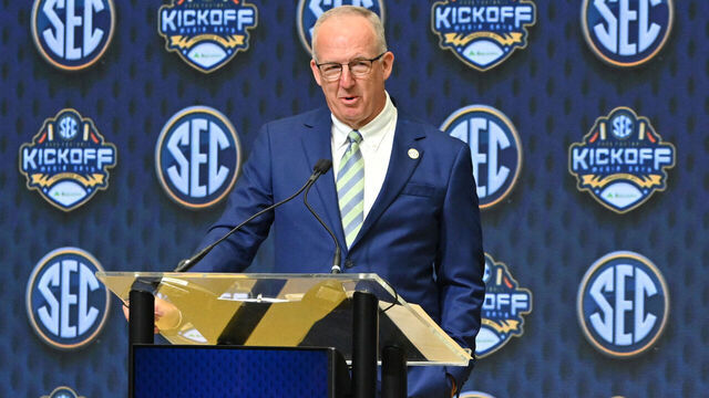 ATLANTA, GA - JULY 14: SEC Commissioner Greg Sankey addresses the media during SEC Football Media Days on July 14, 2025, at the College Football Hall of Fame in Atlanta, GA.