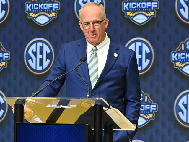ATLANTA, GA - JULY 14: SEC Commissioner Greg Sankey addresses the media during SEC Football Media Days on July 14, 2025, at the College Football Hall of Fame in Atlanta, GA.