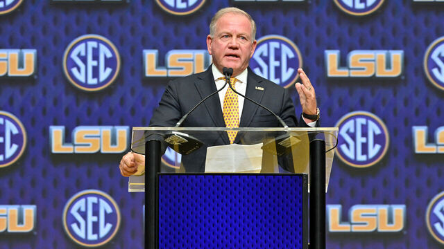 ATLANTA, GA - JULY 14: LSU Tigers head coach Brian Kelly addresses the media during SEC Football Media Days on July 14, 2025, at the College Football Hall of Fame in Atlanta, GA.