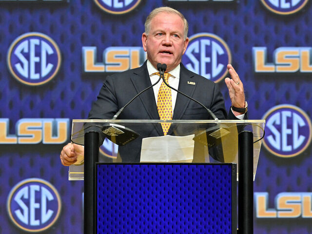 ATLANTA, GA - JULY 14: LSU Tigers head coach Brian Kelly addresses the media during SEC Football Media Days on July 14, 2025, at the College Football Hall of Fame in Atlanta, GA.