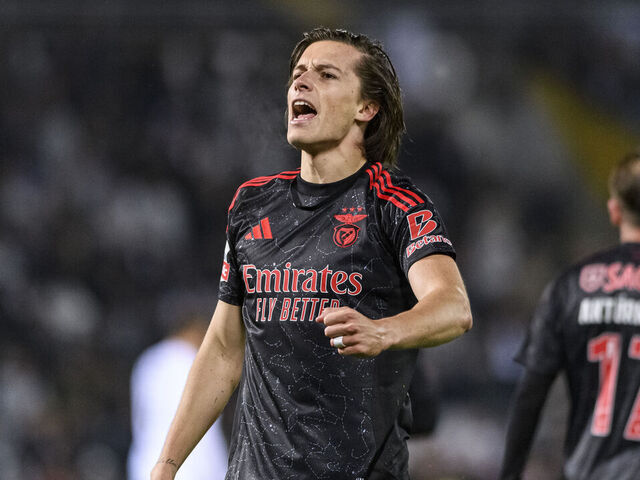 GUIMARAES, PORTUGAL - APRIL 19: Álvaro Carreras of SL Benfica celebrates his goal during the Liga Portugal Betclic match between Vitoria SC and Sport Lisboa e Benfica at Estádio D. Afonso Henriques on April 19, 2025 in Guimaraes, Portugal.