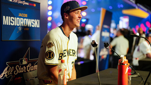 ATLANTA, GA - JULY 14: Jacob Misiorowski #93 of the Milwaukee Brewers talks to media during the 2025 National League Media Availability at Coca-Cola Roxy on Monday, July 14, 2025 in Atlanta, Georgia.