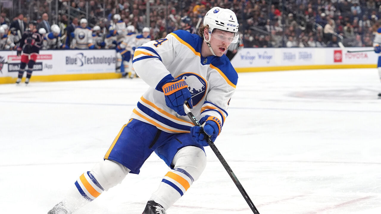 COLUMBUS, OHIO - APRIL 10: Bowen Byram #4 of the Buffalo Sabres seen in action during the game against the Columbus Blue Jackets at Nationwide Arena on April 10, 2025 in Columbus, Ohio.