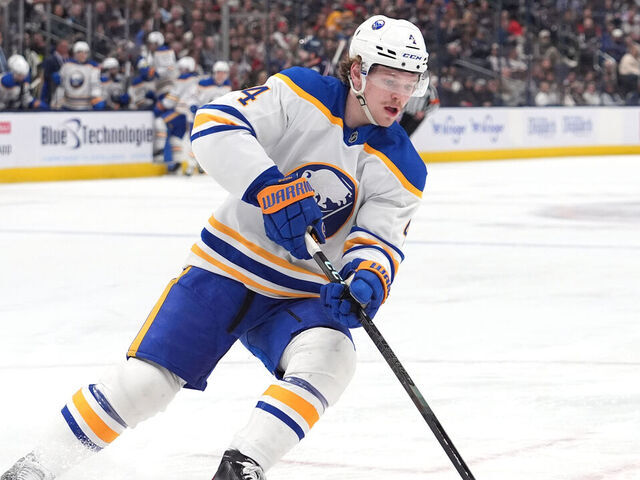 COLUMBUS, OHIO - APRIL 10: Bowen Byram #4 of the Buffalo Sabres seen in action during the game against the Columbus Blue Jackets at Nationwide Arena on April 10, 2025 in Columbus, Ohio.