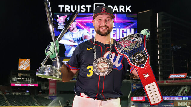 ATLANTA, GEORGIA - JULY 14: Cal Raleigh #29 of the Seattle Mariners poses with the trophy and belt after winning the Home Run Derby at Truist Park on July 14, 2025 in Atlanta, Georgia.