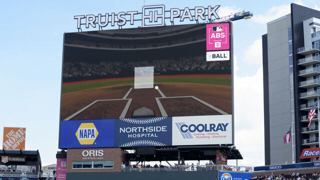 ATLANTA, GEORGIA - JULY 12: A detailed view of an official review using the Automated Balls and Strikes system, known as the ABS system, to challenge an umpire's official call during an at bat as viewed on the videoboard during the MLB All-Star Futures Game at Truist Park on July 12, 2025 in Atlanta, Georgia.
