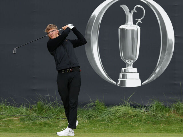 PORTRUSH, NORTHERN IRELAND - JULY 15: Amateur, Richard Teder of Estonia plays a shot on the first hole during a practice round prior to The 153rd Open Championship at Royal Portrush Golf Club on July 15, 2025 in Portrush, Northern Ireland.