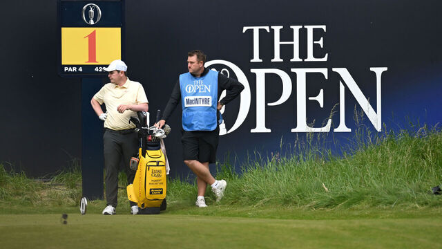 PORTRUSH, NORTHERN IRELAND - JULY 15: Robert Macintyre of Scotland looks across the first tee during a practice round prior to The 153rd Open Championship at Royal Portrush Golf Club on July 15, 2025 in Portrush, Northern Ireland.