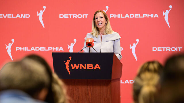 NEW YORK, NY - JUNE 30: WNBA Commissioner Cathy Engelbert speaks during the WNBA Press Conference to announce the expansion team cities of Cleveland, Detroit, and Philadelphia June 30, 2025 at the NBA Office in New York, New York. Mandatory Copyright Notice: Copyright 2025 NBAE