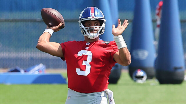 EAST RUTHERFORD, NJ- JUNE 12: Russell Wilson #3 of the New York Giants passes the football during New York Giants OTA practice on June 12, 2025 in East Rutherford, New Jersey.