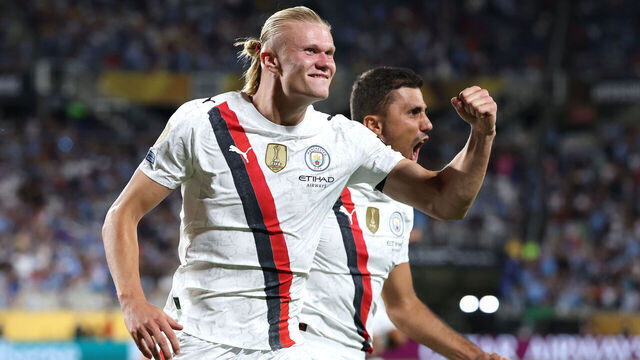ORLANDO, FLORIDA - JUNE 30: Erling Haaland #9 of Manchester City celebrates scoring his team's second goal with Rodri #16 during the FIFA Club World Cup 2025 round of 16 match between Manchester City and Al-Hilal at Camping World Stadium on June 30, 2025 in Orlando, Florida.