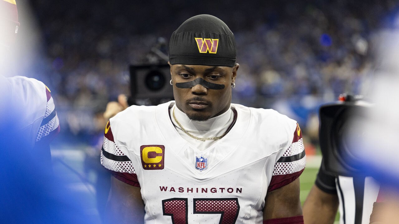 DETROIT, MICHIGAN - JANUARY 18: Terry McLaurin #17 of the Washington Commanders looks on prior to an NFL Football game against the Detroit Lions at Ford Field on January 18, 2025 in Detroit, Michigan.
