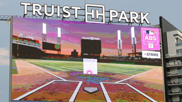 ATLANTA, GEORGIA - JULY 15: The scoreboard at Truist Park is seen during an Automated Ball-Strike system challenge during the first inning of the MLB All-Star Game on July 15, 2025 in Atlanta, Georgia.