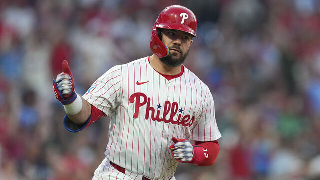 PHILADELPHIA, PENNSYLVANIA - JUNE 22: Kyle Schwarber #12 of the Philadelphia Phillies reacts after hitting a solo home run in the bottom of the fourth inning against the New York Mets at Citizens Bank Park on June 22, 2025 in Philadelphia, Pennsylvania. The Phillies defeated the Mets 7-1.