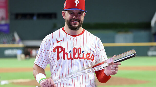 ATLANTA, GEORGIA - JULY 15: Kyle Schwarber #12 of the Philadelphia Phillies celebrates after winning the Most Valuable Player of the MLB All-Star Game at Truist Park on July 15, 2025 in Atlanta, Georgia.