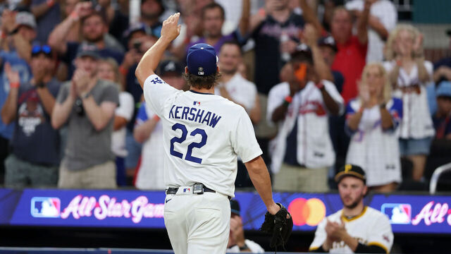 ATLANTA, GEORGIA - JULY 15: Clayton Kershaw #22 of the Los Angeles Dodgers acknowledges the fans after being removed from the game during the second inning of the MLB All-Star Game at Truist Park on July 15, 2025 in Atlanta, Georgia.