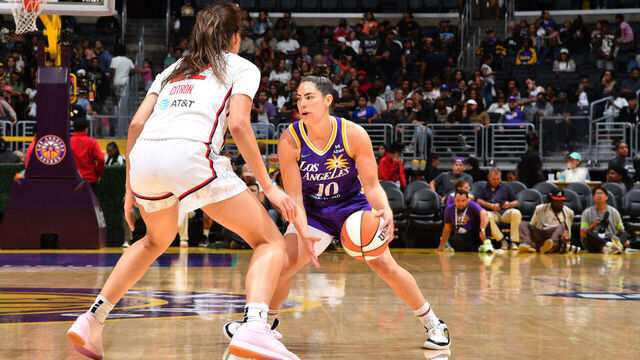 LOS ANGELES, CA - JULY 15: Kelsey Plum #10 of the Los Angeles Sparks handles the ball during the game against the Washington Mystics during a WNBA game on July 15, 2025 at Crypto.com Arena in Los Angeles, California. NOTE TO USER: User expressly acknowledges and agrees that, by downloading and/or using this Photograph, user is consenting to the terms and conditions of the Getty Images License Agreement. Mandatory Copyright Notice: Copyright 2025 NBAE