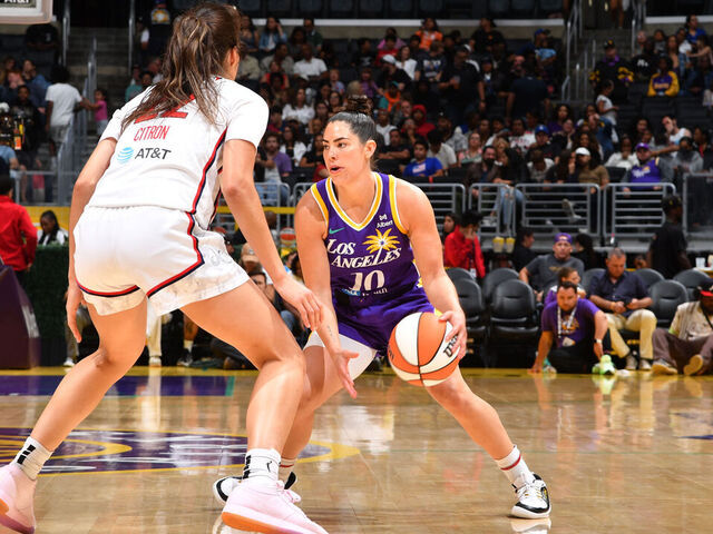 LOS ANGELES, CA - JULY 15: Kelsey Plum #10 of the Los Angeles Sparks handles the ball during the game against the Washington Mystics during a WNBA game on July 15, 2025 at Crypto.com Arena in Los Angeles, California. NOTE TO USER: User expressly acknowledges and agrees that, by downloading and/or using this Photograph, user is consenting to the terms and conditions of the Getty Images License Agreement. Mandatory Copyright Notice: Copyright 2025 NBAE