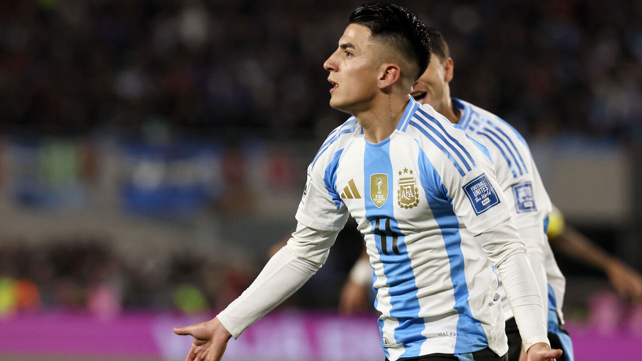 TOPSHOT - Argentina's midfielder #11 Thiago Almada celebrates after scoring his team's first goal during the 2026 FIFA World Cup South American qualifiers football match between Argentina and Colombia at the Mas Monumental stadium in Buenos Aires, on June 10, 2025.